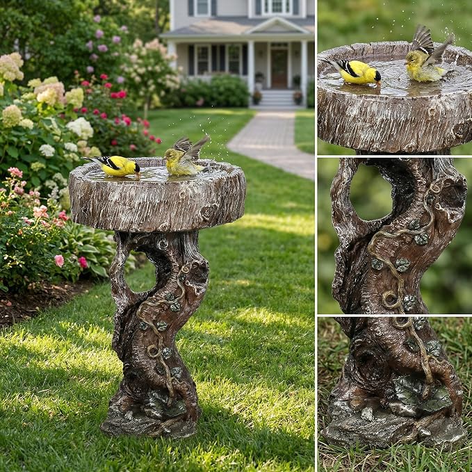 Hamiedun Bird Baths for Outdoor - 24.4" Tall Pedestal Resin fiber - Outdoor Standing Birdbath, Woodland Tree Trunk Decoration Yard Statue，Pedestal Birdbaths for Outdoors, Garden, Patio, Lawn, Backyard (24.4''H)