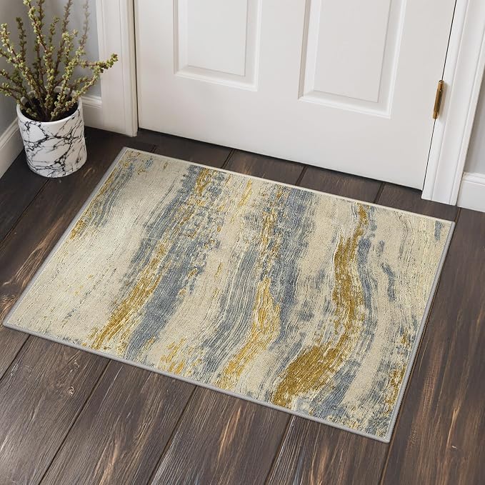 BEIMO 2x3 Washable Doormat Rug for Entryway, Wave Abstract Golden Beige | Soft Machine Washable Modern Area Rug,Streaks Pattern Non Slip Indoor Small Carpet for Entrance,Bathroom, Bedroom