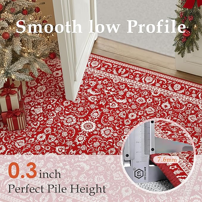 HUGEAR Vintage 6x9 Machine Washable Rugs Red Hallway Large Area Rug Indoor Accent Rug Floral Low Pile Carpet Soft Throw Aesthetic Rug Bedroom Living Room Office Dining Room Kitchen Laundry Room