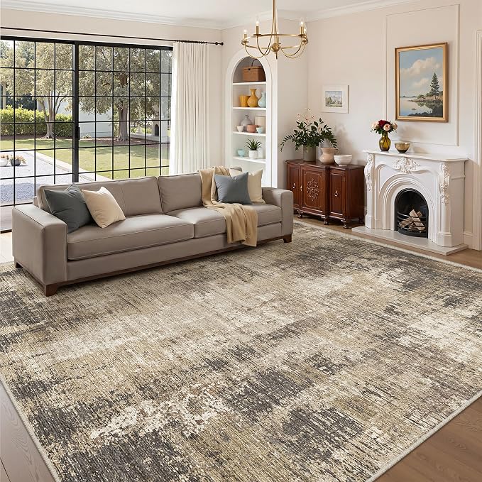 Valenrug 6x9 Area Rugs, Abstract Large Washable Rugs for Living Room, Taupe | Soft Thin & Lighweight, Folable, Stain Resistant Low Pile Non Slip Modern Distressed Carpet Rugs for Bedroom, Dining Room