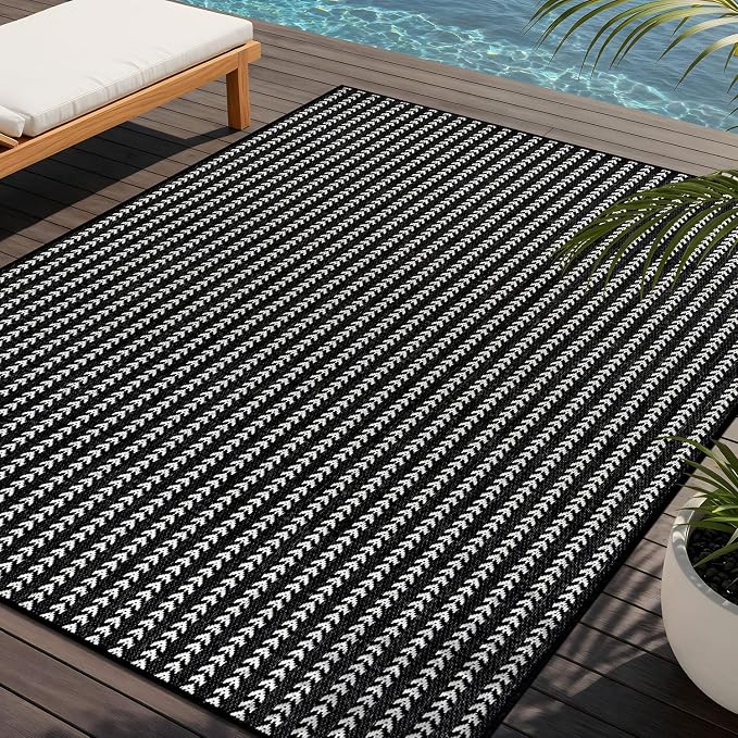 Washable Outdoor Rug 5x7 Modern Area Rugs Outdoor Carpets Striped Pattern Non Shedding Waterproof Easy Clean Patio Deck Porch Living Room Bedroom Garden RV (5 X 7 Black)