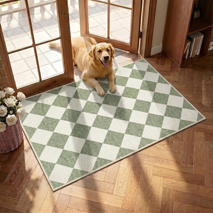 GarveeHome Checkered Entryway Rug 2x3 Sage Green Washable Front Door Rug | Diamond Indoor Entrance Plaid Carpet Non-Slip Low Pile Throw Rugs for Kitchen Floor, Powder Room, Entry, Bathroom, Kids Room