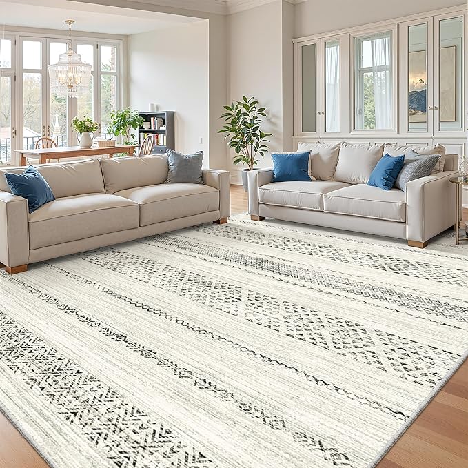 Miukiki 9x12 Area Rug for Living Room, Washable Non Slip Moroccan Rug Grey | Large Soft Rug for Kitchen Bedroom Dining Room Office, Low Pile Indoor Floor Carpet Home Decor 9'x12'