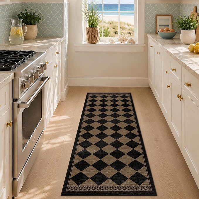 Black and White Easy Jute Checkered Runner Rug 2x6, Washable Kitchen Runner Rug Non Slip, Boho Diamond Indoor Outdoor Carpet for Entryway Hallway Bedroom, Stain Resistant Farmhouse Home Décor