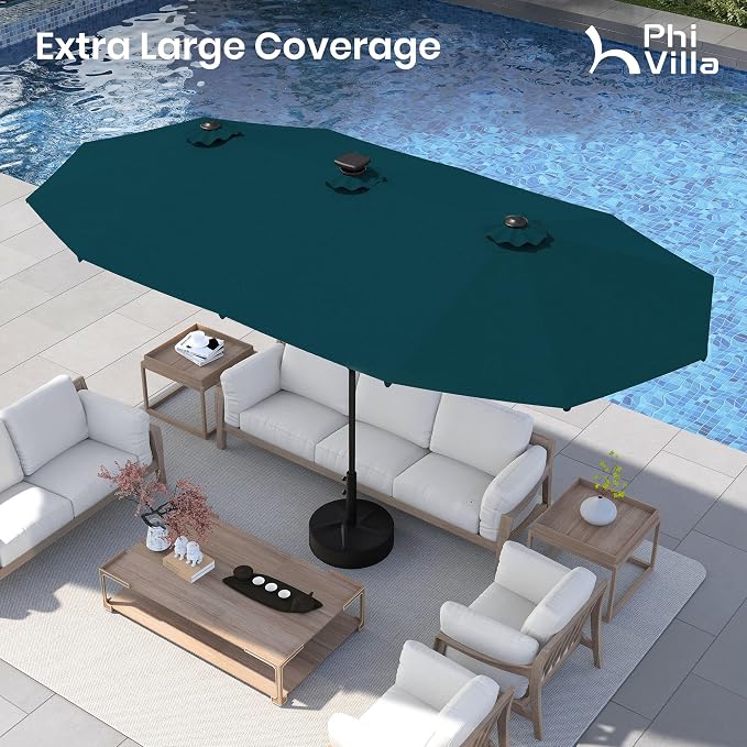 PHI VILLA 13ft Patio Umbrella with Solar-Powered 120 PCS LED Color-Changing Lights, Triple-Head Large Rectangle Umbrella Outdoor Patio for Table with Crank Lift,Cyan(No Base)