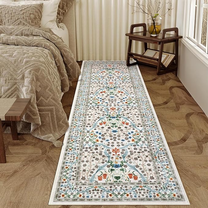 GarveeHome Floral Hallway Runner Rug, 2.5x8 Kitchen Runner Rugs, Washable Non Slip Entryway Rugs Indoor, Ultra-Thin Stain Resistant Carpet Floor Mat for Laundry Room, Beige