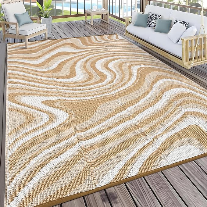 Garvee Porch Rugs Outdoor Waterproof 9x18 Outdoor Camping Rug, Modern Plastic Straw Rugs with Portable Bag, Foldable Reversible UV Resistant Outside Rug for Picnic Backyard Deck RV, Light Brown
