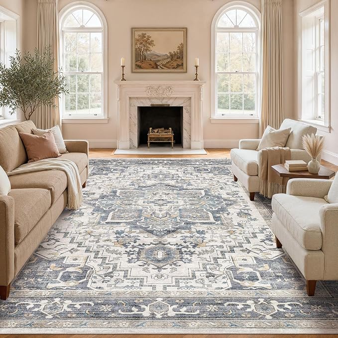 DTICON Vintage Washable 9x12 Area Rug Living Room Rugs, Light Blue | Boho Distressed, Pet & Kid Friendly, Non-Slip Backing, Soft Polyester, Low-pile Carpet for Living Room, Bedroom, Dining Room