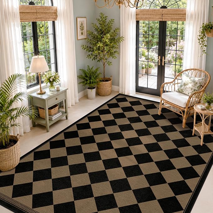 Easy Jute Indoor Outdoor Checkered Rug for Dining Room 6x9, Stain Resistant Non-Slip Geometric Black and Brown Diamond Living Room Rug, Durable Boho Border Low Pile Carpet Decor for Bedroom and Office