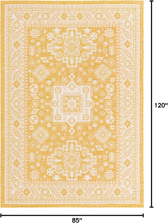 Unique Loom Outdoor Aztec Collection Area Rug - Chalca (7' 1" x 10' Rectangle, Yellow/ Ivory)