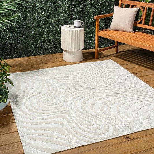 JONATHAN Y Maribo High-Low Abstract Striped Cream/Ivory 6x6 Square Indoor/Outdoor Area Rug, Pet Friendly, Non-Shedding, Stain Resistant, Easy-Cleaning for Backyard, Patio, Porch (SCN103A-6SQ)