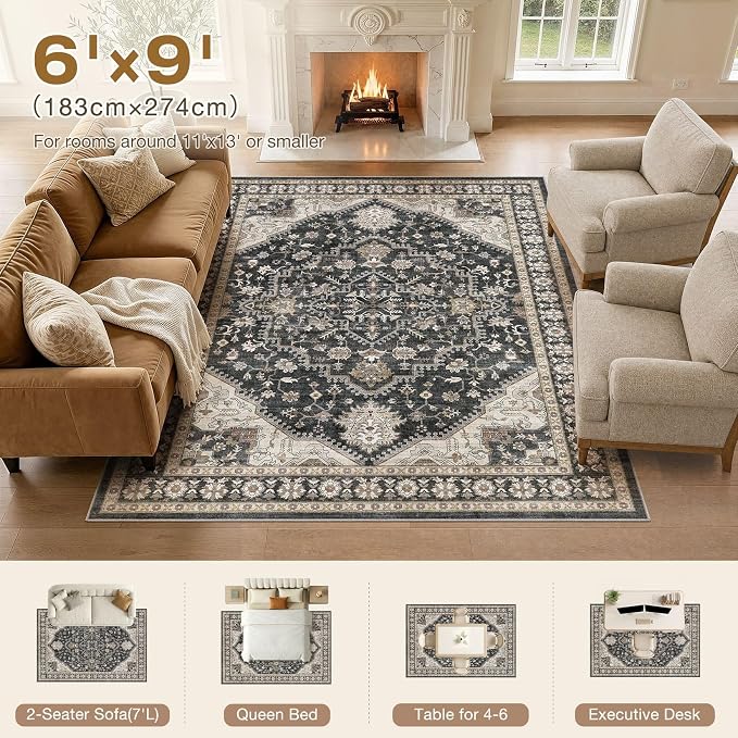 DTICON Vintage Washable 6x9 Area Rug Living Room Rugs, Black | Boho Distressed, Pet & Kid Friendly, Non-Slip Backing, Soft Polyester, Low-pile Carpet for Living Room, Bedroom, Dining Room