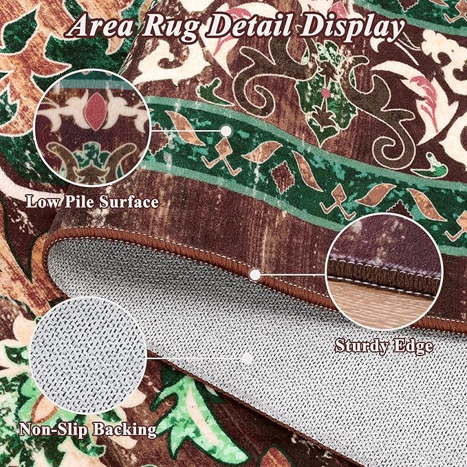 U'Artlines Boho Vintage Area Rug 3x5 Machine Washable Carpet, Rust＆Teal | Low Pile, Non Slip, Ultra-Thin Soft Floor Carpet, Accent Rug for Living Room Bedroom Entryway Dining Room Office