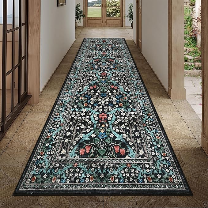 GarveeHome Floral Hallway Runner Rug Non-Slip, 2.5x10 Washable Rugs Ultra-Thin Soft Rug for Hallways, Kitchen Mat Stain Resistant Carpet for Entryway Bathroom, Black