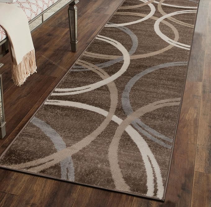 Rugshop Wavy Circles Modern Jute Backing Runner Rug Brown 2' x 7'2" | Runner, Size 2' x 7'2", Living Room, Bedroom, Dining Room, Home Office, Kitchen, Entryway, Hallway, Nursery, Kids Room