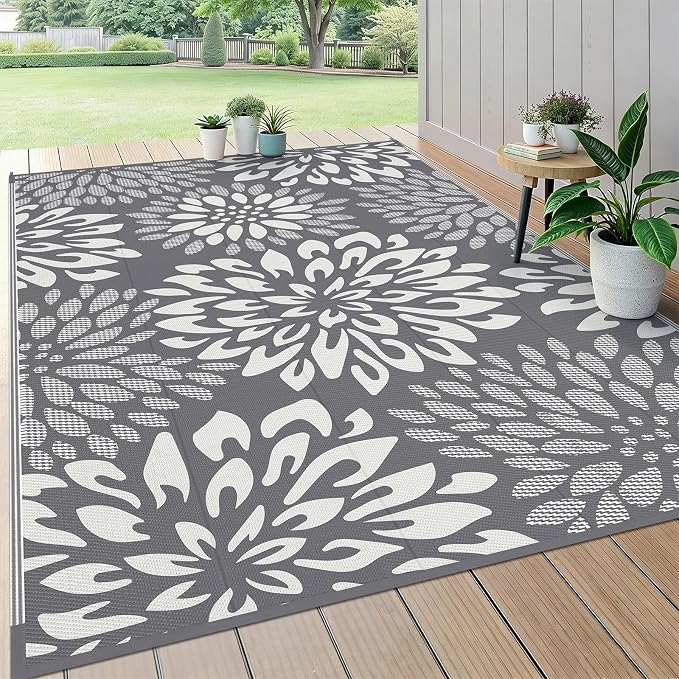 HEBE Waterproof Outdoor Rug 5x8 for Patios, Floral Reversible Plastic Straw Rug Patio Mat, Indoor Outdoor Carpet RV Mat Camping Rug for Deck, Camper, Porch, Balcony, Backyard, Picnic