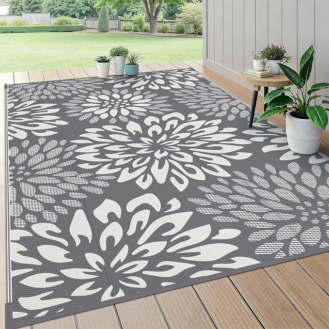HEBE Waterproof Outdoor Rug 6x9 for Patios, Floral Reversible Plastic Straw Rug Patio Mat, Indoor Outdoor Carpet RV Mat Camping Rug for Deck, Camper, Porch, Balcony, Backyard, Picnic