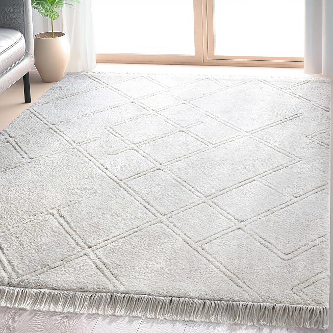 Well Woven Allie Ivory Cream Angles Geometric Area Rug 4x6 (3'11" x 5'3") - Soft High-Low Texture for Living Room, Bedroom & Office