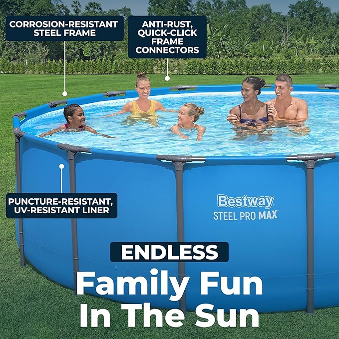 Bestway Steel Pro MAX 15’ x 48 Above Ground Swimming Pool, Pool Only, Blue | Round Durable Metal Frame Pool, Outdoor Backyard Water Activity - Includes Puncture-Resistant Liner, No-Tool Setup