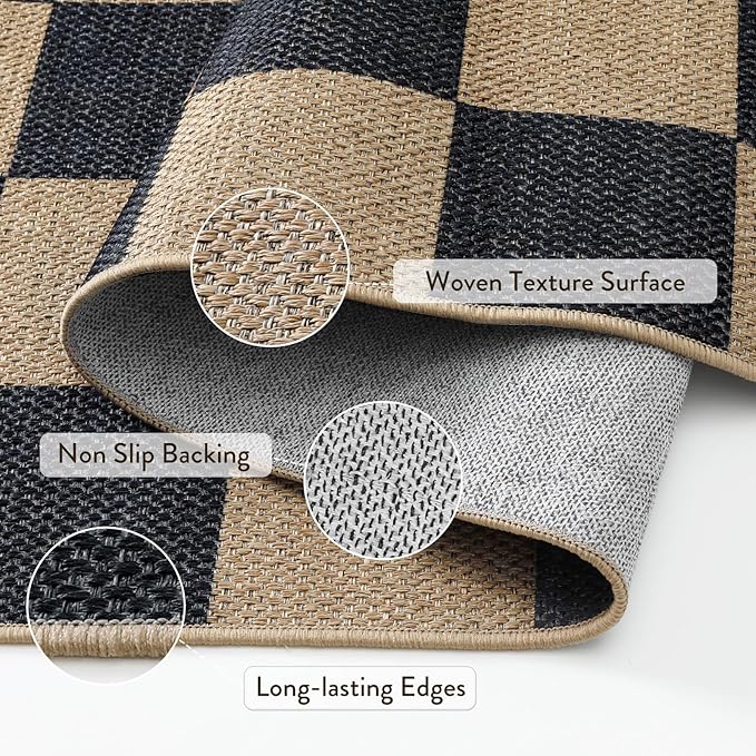 Lahome Colette Checkered Easy Jute Carpet, 3x5 Outdoor Patio Rug Washable Rugs for Entryway Checkerboard Indoor Outdoor Living Room Carpet, Farmhouse Neutral Non Slip Black Door Mat for Bedroom