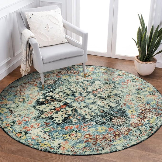 Lahome Reine Bohemian Floral Medallion Round Rug - 3Ft Small Bedroom Round Area Rug Soft Bathroom Circle Mat, Teal Vintage Non Slip Machine Washable Entryway Carpet for Nursery Kitchen Family Room