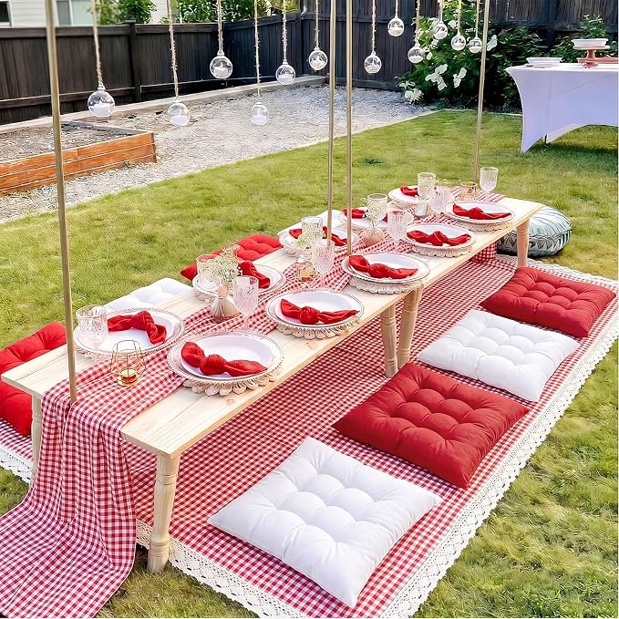 Extra Large Outdoor Picnic Blanket with Table Runner and Floor Pillow Cushion for Picnic Wedding Birthday Baby Shower Backyard Decor(59 x 102'',Burgundy,White,8 Pcs)