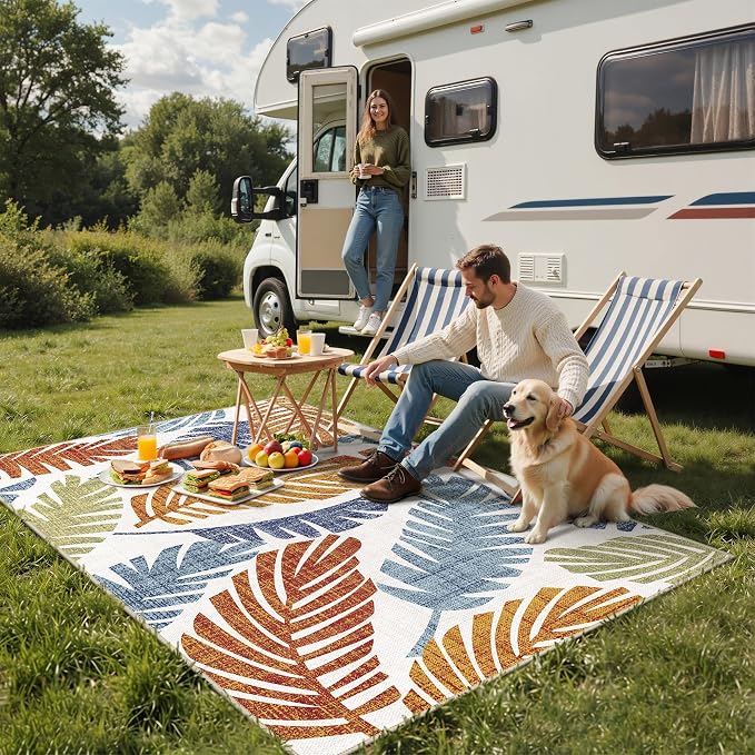 GENIMO Outdoor & Indoor Area Rug 4'x6', Waterproof, Non-Shedding, Easy Cleaning, Leaf Mat for Patio, Living Room, Balcony, Dining Room, RV, Deck, Bedroom, Camping, Outside Carpet, Rust Navy