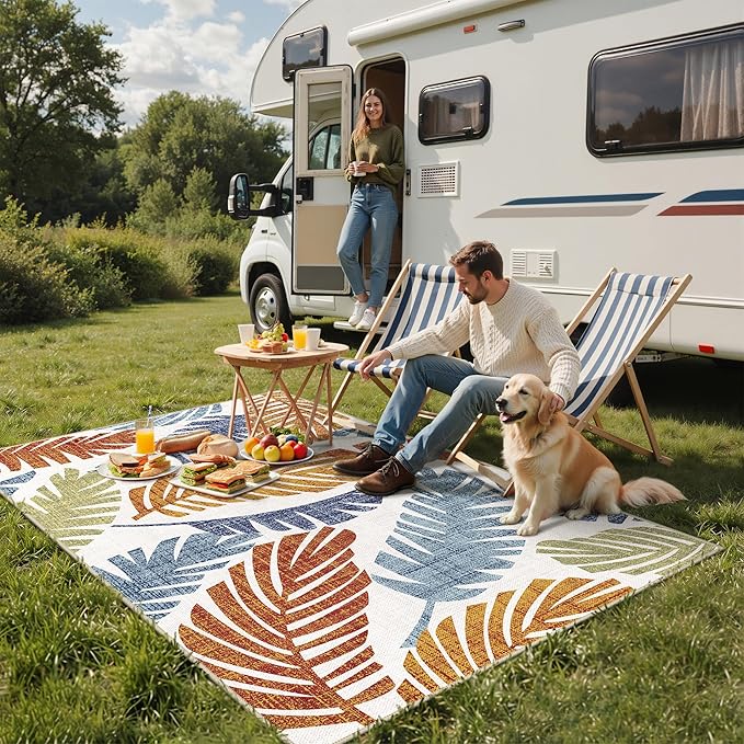 GENIMO Outdoor & Indoor Area Rug 8'x10', Waterproof, Non-Shedding, Easy Cleaning, Leaf Mat for Patio, Living Room, Balcony, Dining Room, RV, Deck, Bedroom, Camping, Outside Carpet, Rust Navy