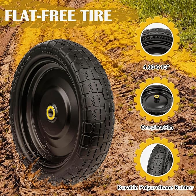13" G orilla Cart Tires Flat Free, 300LB Capacity, with 5/8" Axle Bore Hole, 2.2" Offset Hub, Solid Rubber Tire for GOR Garden Cart, Trolleys, Hand Trucks, Yard Trailers, 2 Pack