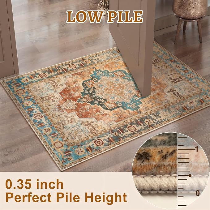 Tangsoo 2x3 Washable Rugs for Entryway, Vintage Non Slip Small Rug Orange | Oriental Indoor Front Door Rug, Boho Soft Low Pile Door Mat Carpet Throw Rugs for Entry Entrance Kitchen Bedroom Home Decor