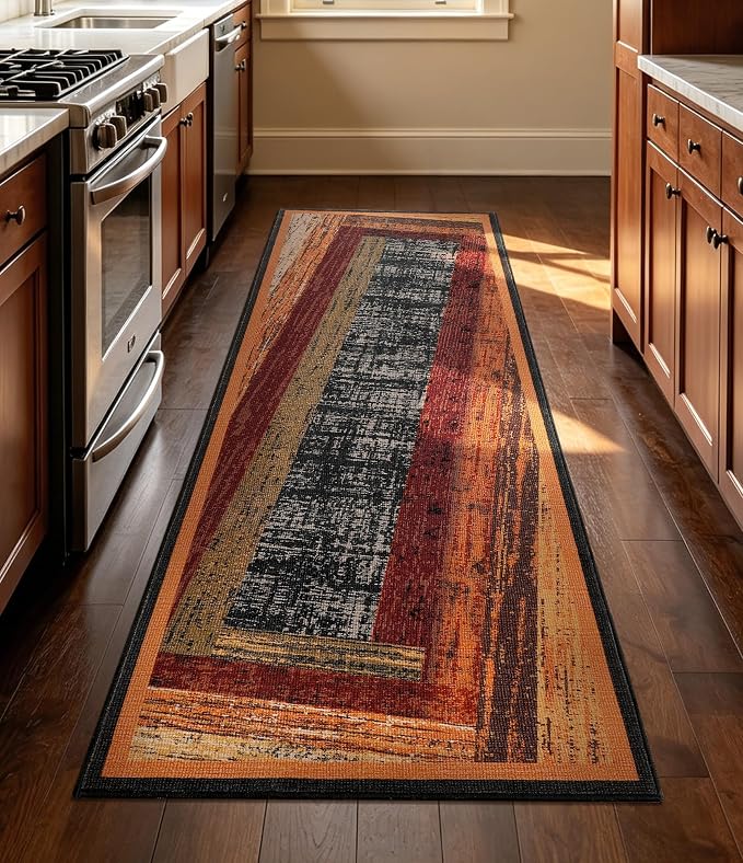 Brown Geometric Woody Runner Rug 2x6,Vintage Bedroom Rug,Retro Farmhouse Rugs Washable for Hallway Non Slip, Boho Area Rug for Kitchen,Dining Room,Living Room,Bedroom