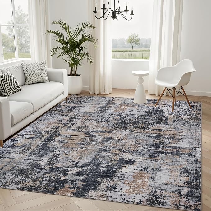 Sasttie 6x9 Washable Area Rug, Modern Abstract Carpet, Black & Cream | Ultra-Soft Faux Wool, Low Pile, Non-Slip, Lightweight, Thin, for Living Room, Bedroom, Dinning Room & Dorm