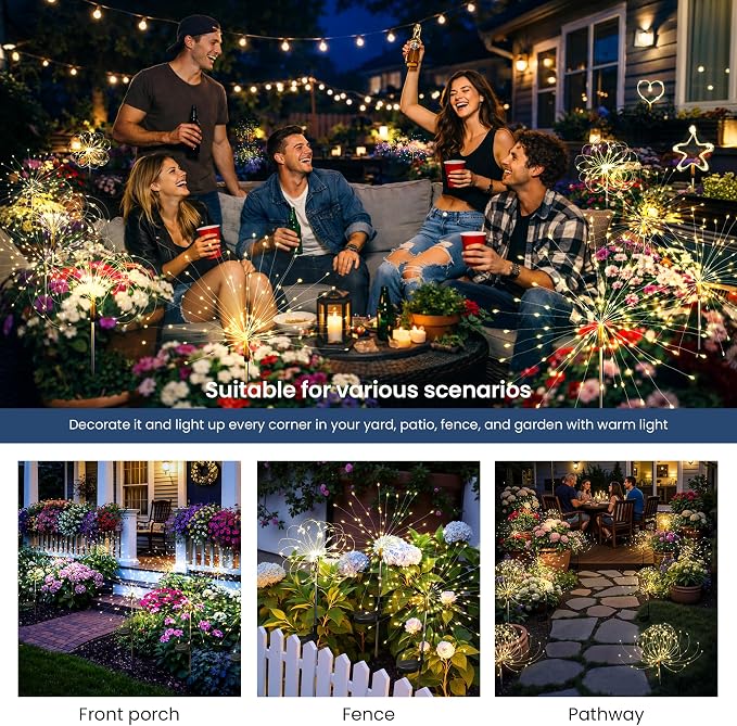 Solar Lights Outdoor, 120LED 6 Pack Fairy Garden Lights Decor for Outside Fireworks Lights Solar Powered for Yard, Patio, Pathway, Walkway, Balcony, Warm White