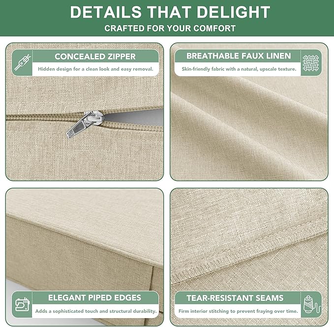 Summsun Patio Chair Cushions Set of 4, Faux Linen Outdoor Furniture Cushions, Water Resistant Backrest and Deep Seat Cushion Set with Ties, Removable Cover, Non-Slip Bottom, 24 x 24 Inch, Beige