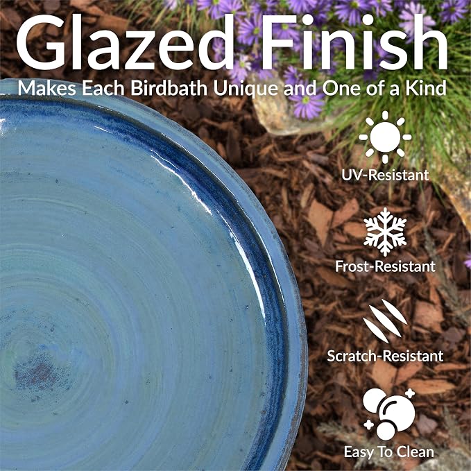 Sunnydaze 21" H Ceramic Bird Bath for Outside - Hand-Painted Outdoor Bird Bath Bowl, UV/Frost-Resistant Finish - Cloud Swirl