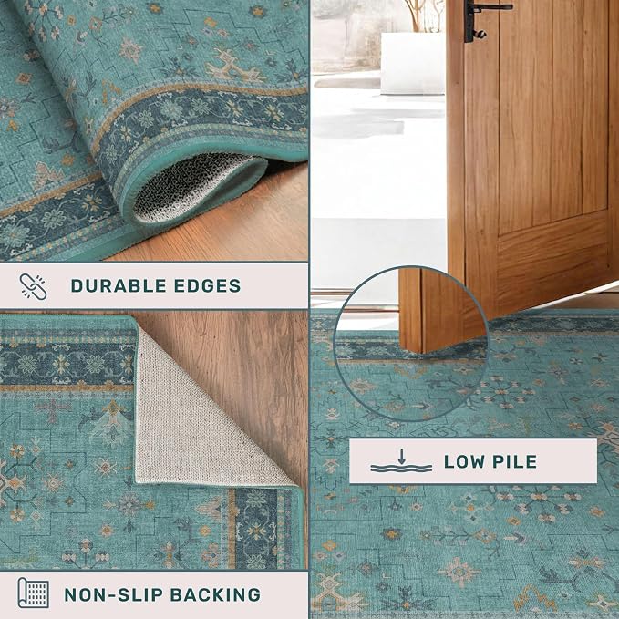 Boho 2x7 Long Non Slip Kitchen Rug Runner - Teal Washable Rug for Bathroom, Hallway, Door Mats Indoor Entrance,Non Slip with Rubber Backing, Vintage Floral Indoor Décor