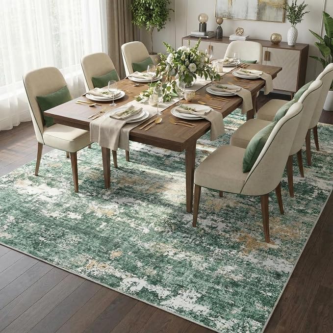 ROYHOME 9x12 Rugs for Bedroom Abstract Area Rugs Living Room, Green | Machine Washable Indoor Large Floor Carpet with Non Slip Backing Stain Resistant