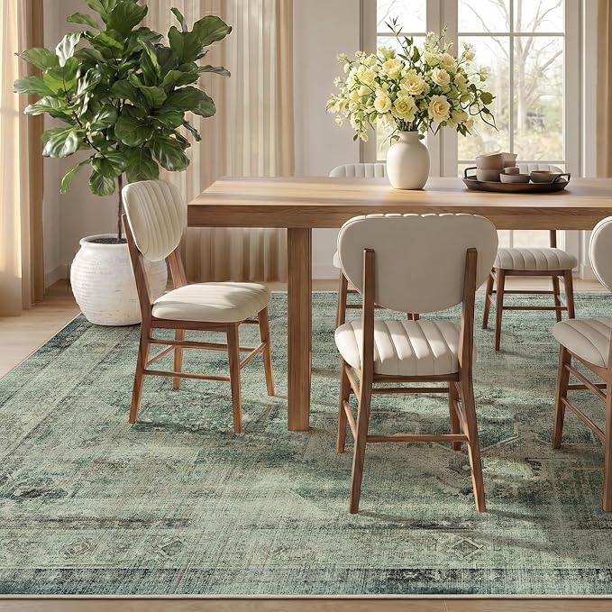 8x10 Muted Green Medallion Rugs for Living Room, Vintage Distressed Transitional Washable Large Rug for Bedroom Under Bed, Low Pile Thin Soft Carpet Rugs for Dining Room Office Modern Farmhouse