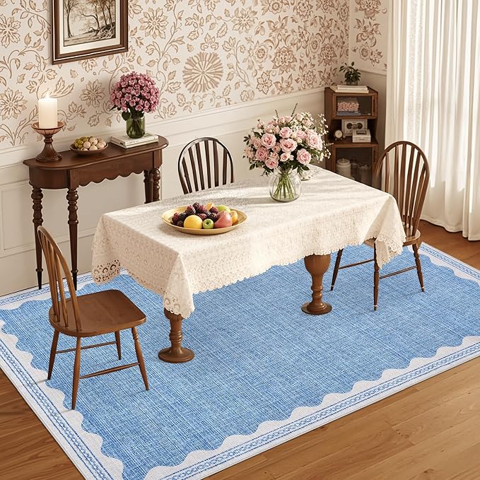 GarveeHome Scalloped Blue Washable Area Rug 6x9 Rugs for Living Room Soft Low-Pile Solid Large Carpet for Bedroom Dining Nursery Non Slip Mat with Rubber