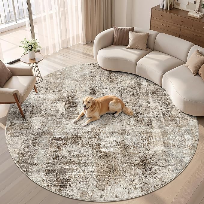 8Ft Round Area Rug Washable Abstract Rugs for Living Room Dark Brown | for Bedroom, Dining Room, Office, Nursery, Soft Neutral, Low Pile Non-Slip, Kid Pet Friendly, Large Indoor Carpet, Home Decor