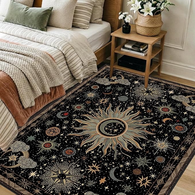 Vacuum-Friendly, 4x6 Washable Area Rug, Black Green Beige | Sun and Moon Boho Gothic Non-Slip Low Pile Living Roon Bedroom Dining Room Kitchen Entry Entryway Entrance Hallway Doormat