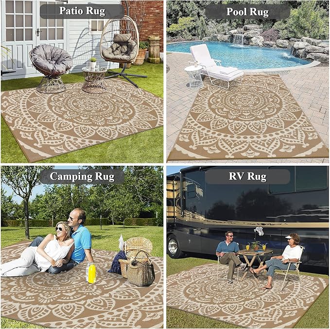 Bsmathom Waterproof Outdoor Rug 6'x9' Reversible Boho Plastic Straw Patio Deck Camping Rugs, Indoor Outdoor Portable RV Mat Clearance Carpet for Outside, Porch, Balcony, Backyard, Beach, Pool,Brown