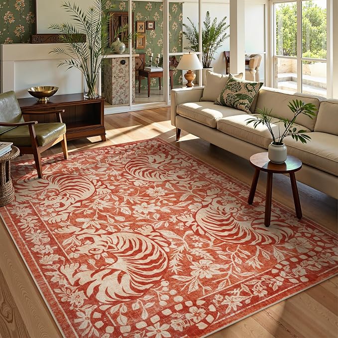 LIVEBOX Washable Tiger Rug 8x10, Non-Slip Terracotta Rug for Living Room, Vintage Jungle Animal Floor Carpet Cool Terracotta Retro Area Rugs for Bedroom Dining Room Nursery Office Dorm