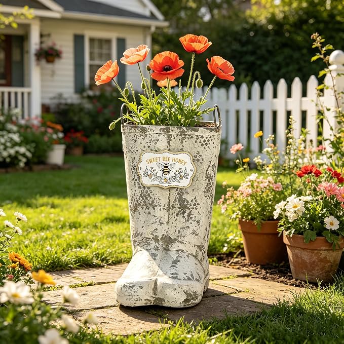 Vintage Metal Planters with Handle Distressed Decor Rustic Farmhouse Flower Pot with Sweet Bee Honey Emblem, Indoor/Outdoor Decorative Plants Buckets for Wedding Home Garden Patio Decor