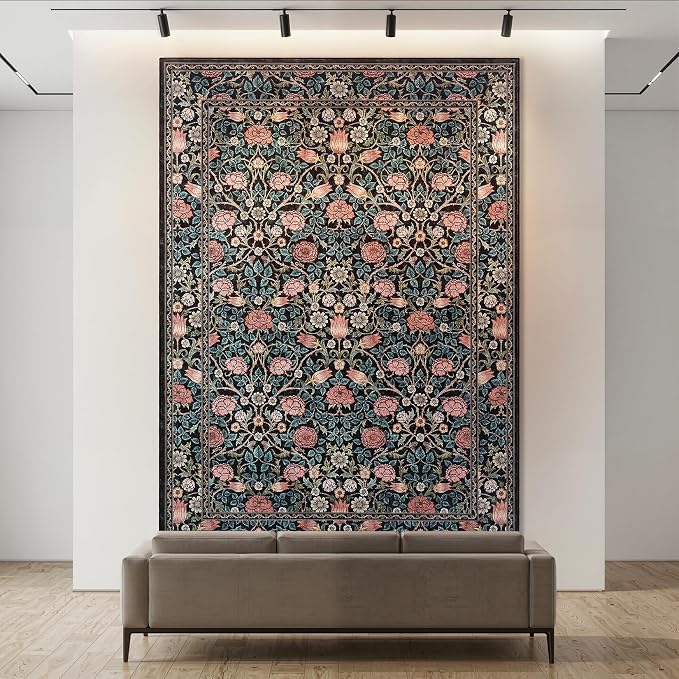 GarveeHome Blue Floral 8x10 Area Rugs for Living Room Bedroom | Large Washable Dinning Room Dorm Office Rug Vintage Boho Rugs Low-Pile Non-Slip Stain Resistant TPE Backing