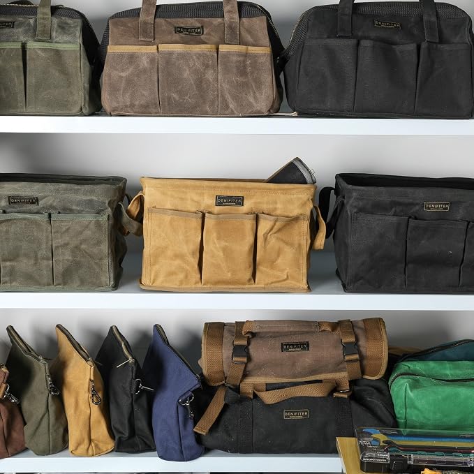 3-Pack Waxed Canvas Tool Bag Set, 13.8 x 7.8 x 7.8 Inches, Rectangular Waxed Canvas Fabric Collapsible Tool Bag with Handles, 3 Colors: Khaki, Black and ArmyGreen