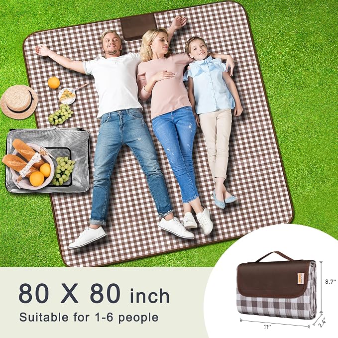 SAMSIER Outdoor Picnic Blankets Waterproof Foldable Sandproof, Extra Large Gingham Cute Picnic Mat Washable Portable for Park Beach Camping Courtyard (Brown, 80"×80")