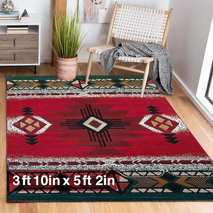 YHSF Southwest Native American Area Rug – Thick, Soft, Durable & Easy to Maintenance Tribal Design Boho Rug– Ideal for Bedroom, Living Room & Hallway - Red, 3 Feet 10 Inches x 5 Feet 2 Inches