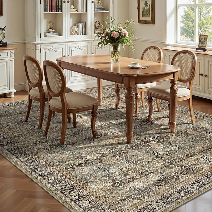 8x10 Area Rugs for Living Room - Washable Vintage Retro Large Rug, Soft Ultra Thin Non Slip Low Pile Traditional Distressed Boho Carpet for Bedroom Dining Room Home Office, Charcoal Olive