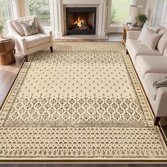 Joydeco 8x10 Area Rug for Living Room, Vintage Washable Rugs for Bedroom | Large Boho Geometric Low Pile Non Slip Ultra Thin Distress Indoor Throw Floor Carpet For Dining Room Home Office Dorm Beige